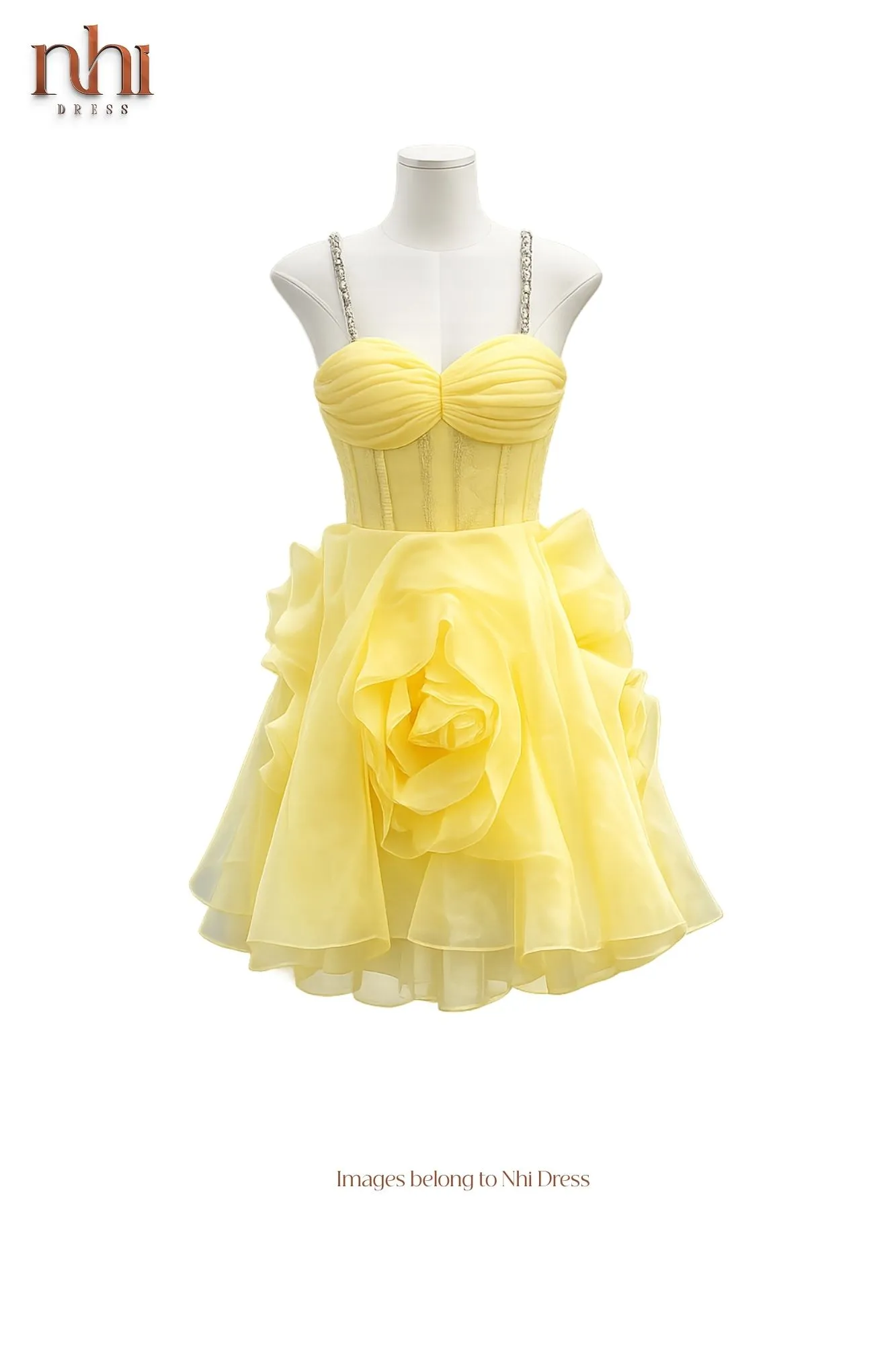 Váy Corset Hoa Hồng 3D Dáng Ngắn Màu Vàng Bơ