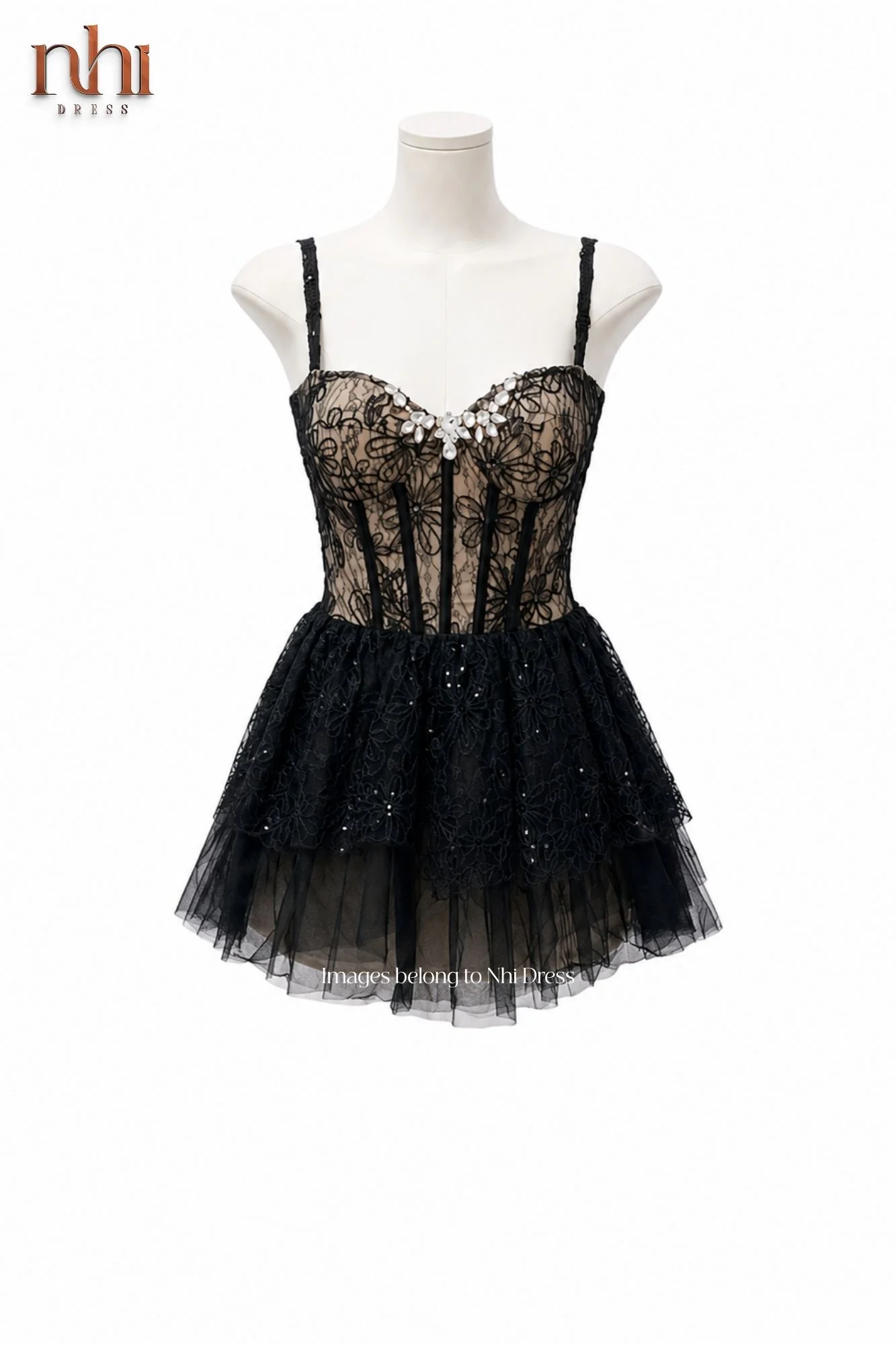 Váy Corset Ren Hoa Đính Đá Dáng Ngắn Màu Đen