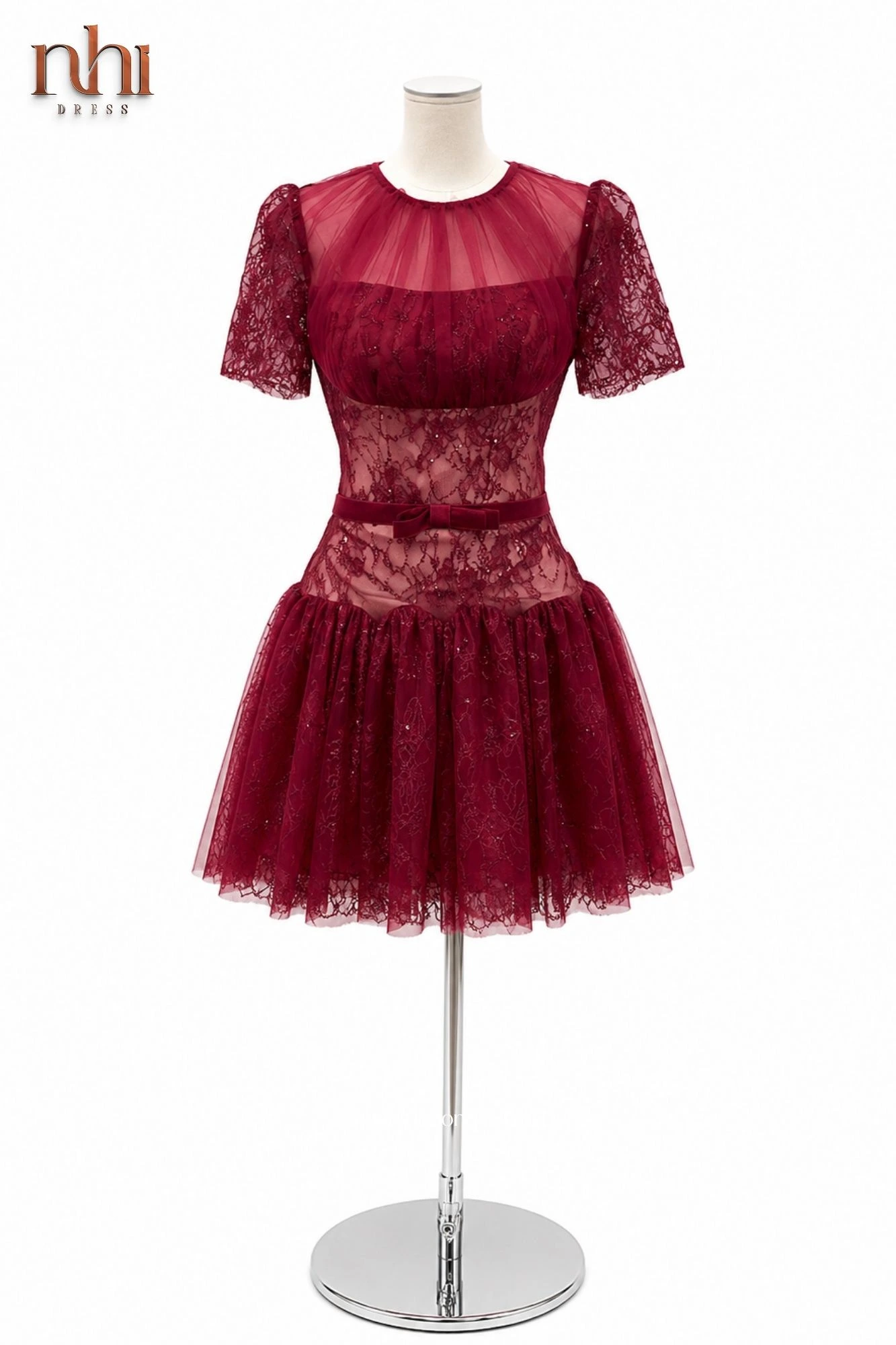 Váy Ren Phối Lưới Đính Nơ Dáng Ngắn Màu Đỏ Burgundy
