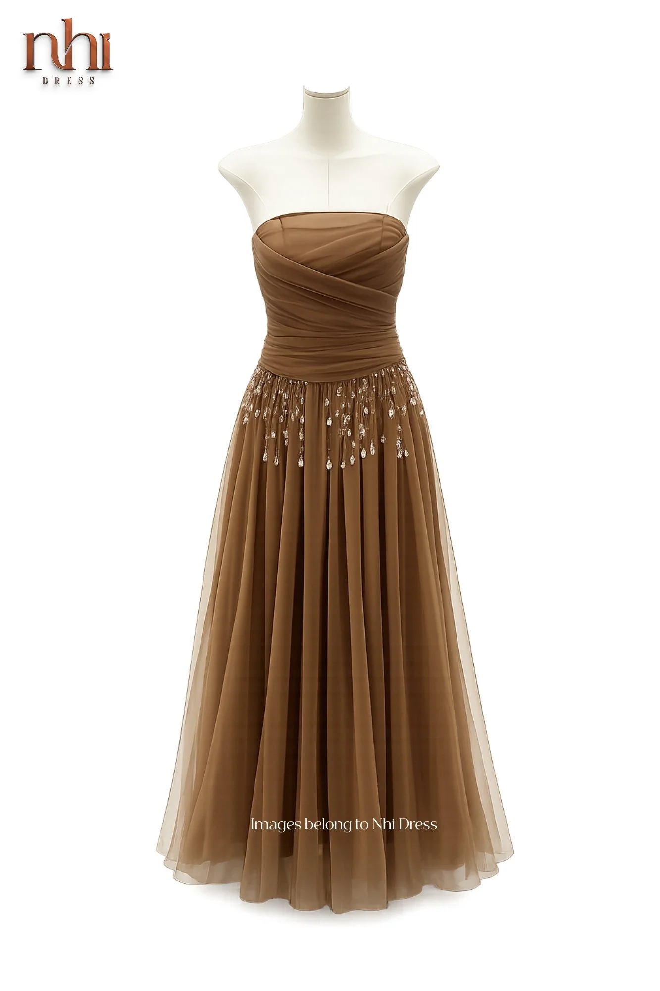 Váy Voan Nâu Mocha Cúp Ngực Xếp Draping Đính Pha Lê